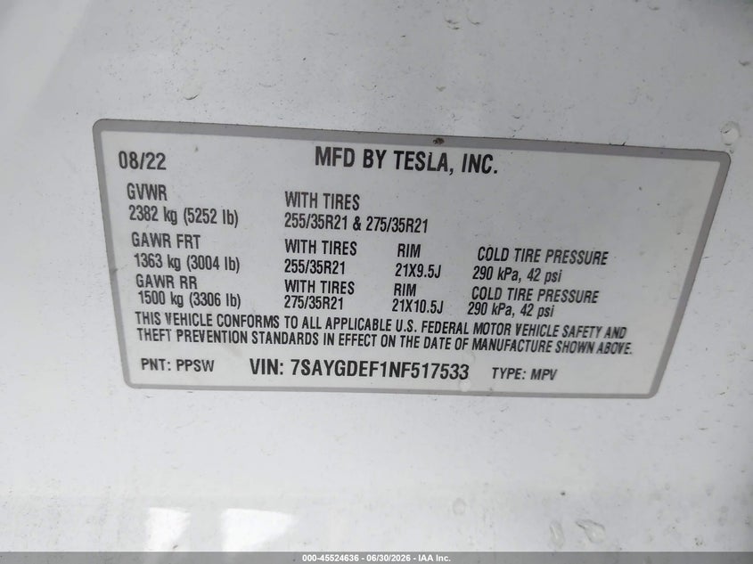 2022 Tesla Model y VIN 7SAYGDEF1NF517533 IAAI salvage auction — UNDERCARRIAGE, Certificate Of Destruction (Florida), sold $13,100 on 2026-07-30 (photo 9)
