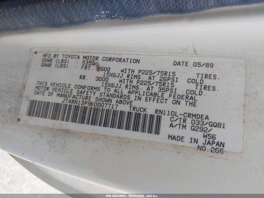 1989 Toyota Pickup VIN JT4RN13P9K0007717 IAAI salvage auction — NORMAL WEAR, Clear (New York), sold $1,750 on 2026-07-28 (photo 9)