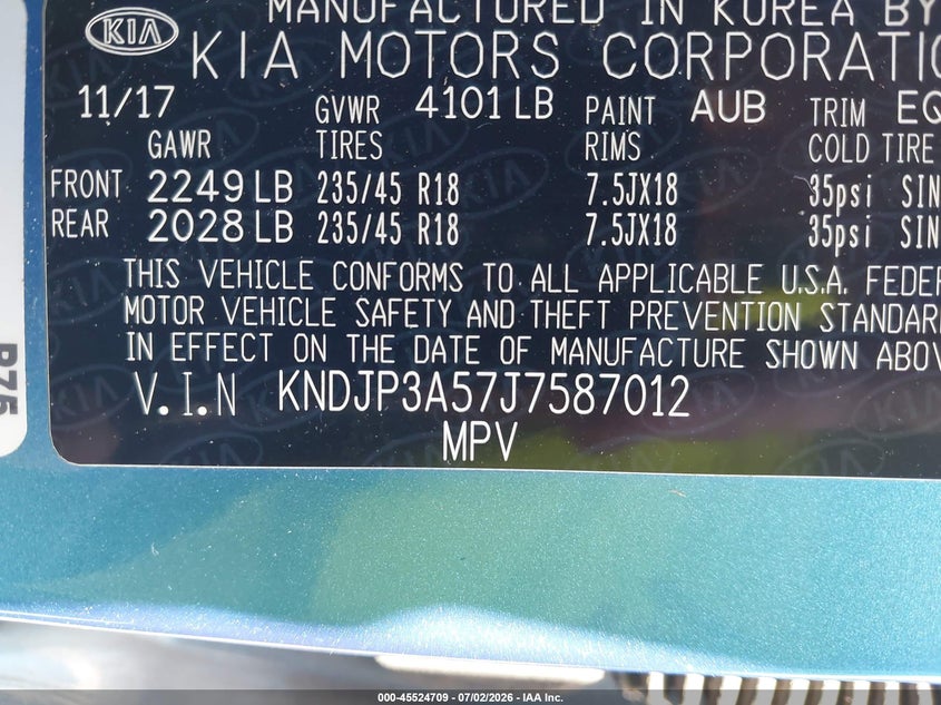 2018 Kia Soul VIN KNDJP3A57J7587012 IAAI salvage auction — ROLLOVER, Salvage (North Carolina), sold $975 on 2026-07-31 (photo 9)