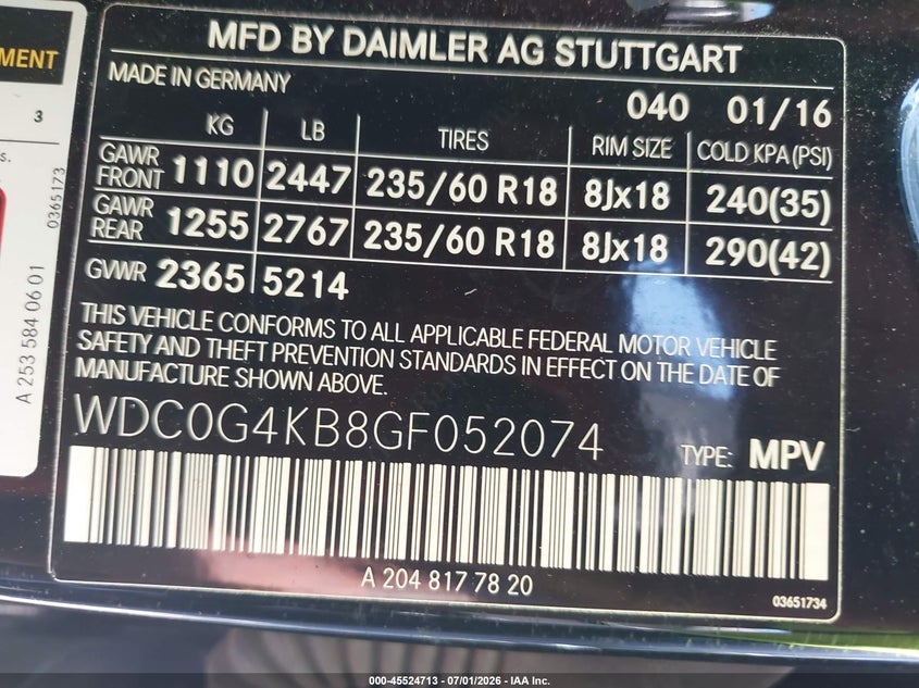 2016 Mercedes-benz Glc VIN WDC0G4KB8GF052074 IAAI salvage auction — FRONT END, Salvage (Tennessee), sold $3,600 on 2026-07-16 (photo 9)