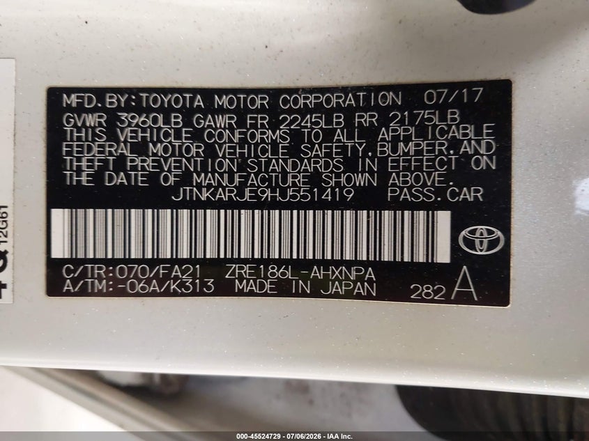 2017 Toyota Corolla VIN JTNKARJE9HJ551419 IAAI salvage auction — RIGHT FRONT, Mv-907A (New York), sold $3,475 on 2026-07-29 (photo 9)