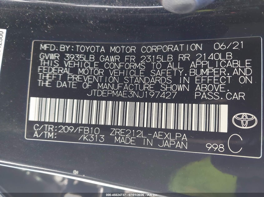 2022 Toyota Corolla VIN JTDEPMAE3NJ197427 IAAI salvage auction — FRONT END, Certificate Of Destruction (Florida), sold $2,950 on 2026-07-29 (photo 9)