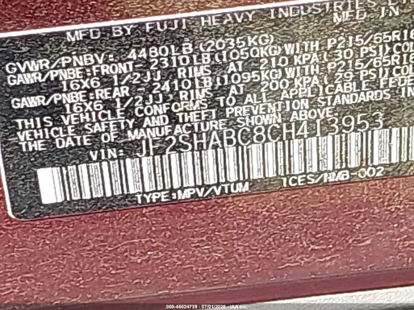 2012 Subaru Forester VIN JF2SHABC8CH413953 IAAI salvage auction — NORMAL WEAR, Clear (New York), sold $475 on 2026-07-28 (photo 9)