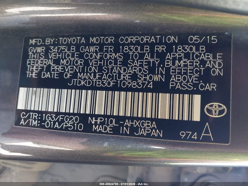 2015 Toyota Prius c VIN JTDKDTB30F1098374 IAAI salvage auction — FRONT END, Salvage (Ohio), sold $950 on 2026-07-29 (photo 9)