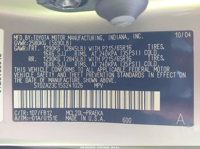 2005 Toyota Sienna VIN 5TDZA23C15S241026 IAAI salvage auction — FRONT END, Salvage (Ohio), sold $525 on 2026-07-23 (photo 9)