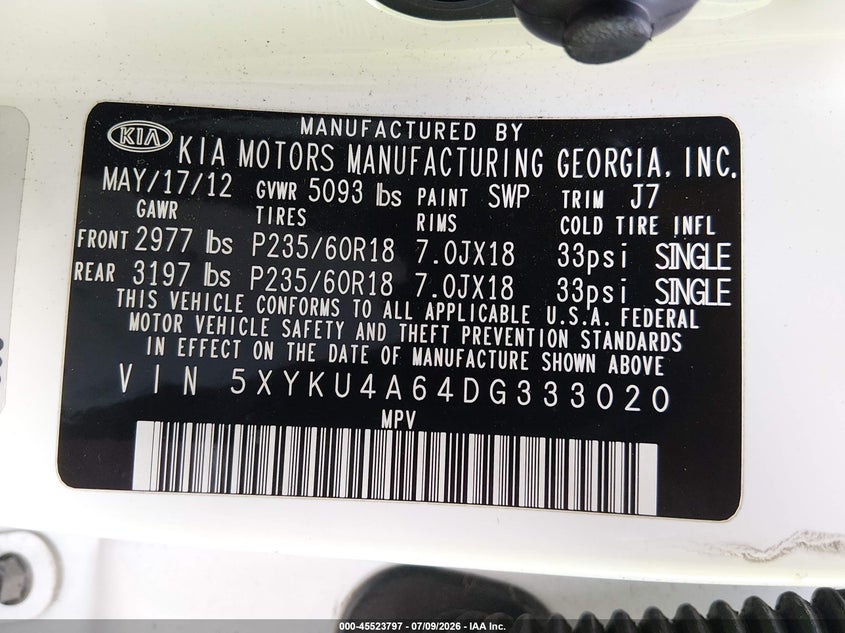 2013 Kia Sorento VIN 5XYKU4A64DG333020 IAAI salvage auction — NORMAL WEAR, Original (Ohio), sold $1,350 on 2026-07-22 (photo 9)