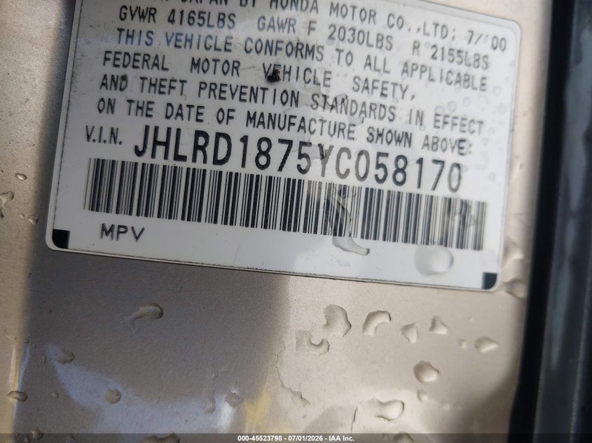2000 Honda Cr-v VIN JHLRD1875YC058170 IAAI salvage auction — NORMAL WEAR, Clear - Dealer Only (California), sold $450 on 2026-07-13 (photo 9)