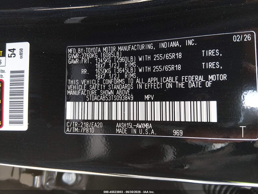 2026 Toyota Highlander VIN 5TDACAB53TS093849 IAAI salvage auction — FRONT END, Salvage (California), sold $29,300 on 2026-07-09 (photo 9)