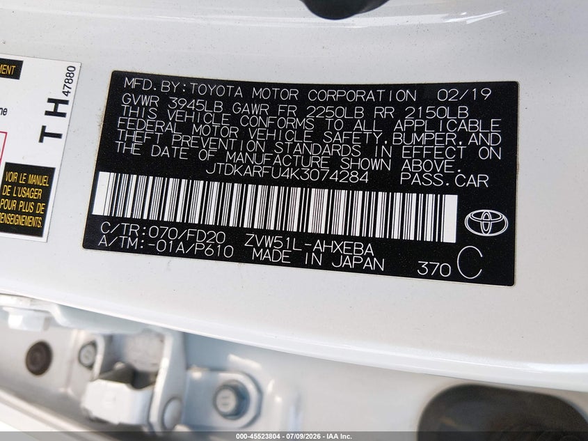 2019 Toyota Prius VIN JTDKARFU4K3074284 IAAI salvage auction — FRONT END, Salvage (California), sold $2,250 on 2026-07-29 (photo 9)