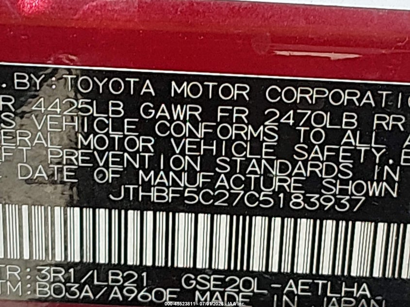2012 Lexus Is 250 VIN JTHBF5C27C5183937 IAAI salvage auction — NORMAL WEAR, Original (Texas), sold $500 on 2026-07-29 (photo 9)
