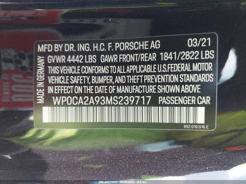 2021 Porsche 911 VIN WP0CA2A93MS239717 IAAI salvage auction — FRONT END, Salvage (California), sold $42,250 on 2026-07-15 (photo 9)