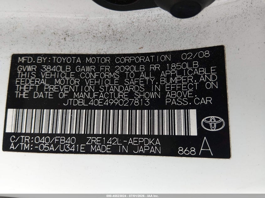 2009 Toyota Corolla VIN JTDBL40E499027813 IAAI salvage auction — NORMAL WEAR, Clear - Dealer Only (California), sold $1,350 on 2026-07-09 (photo 9)