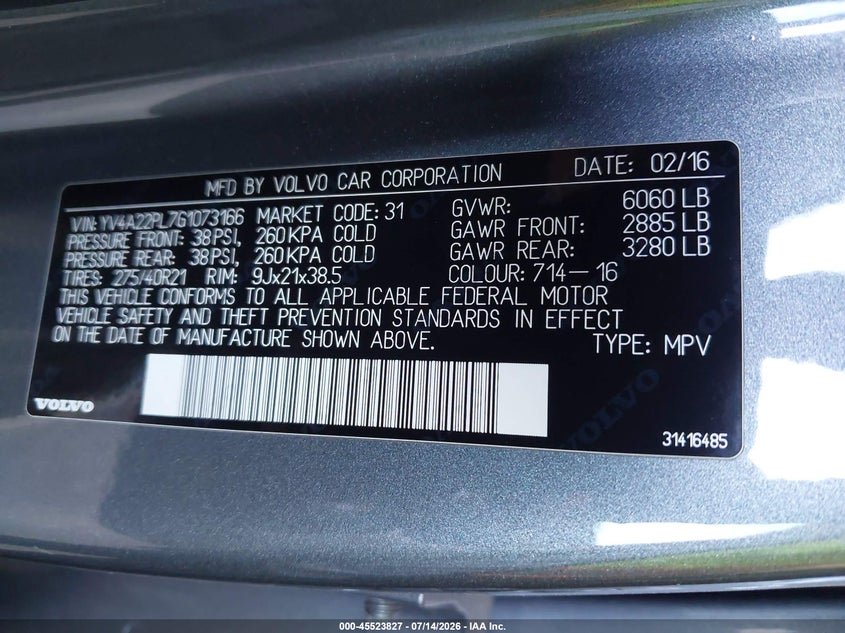 2016 Volvo Xc90 VIN YV4A22PL7G1073166 IAAI salvage auction — NORMAL WEAR, Clear - Dealer Only (California), sold $6,650 on 2026-07-28 (photo 9)