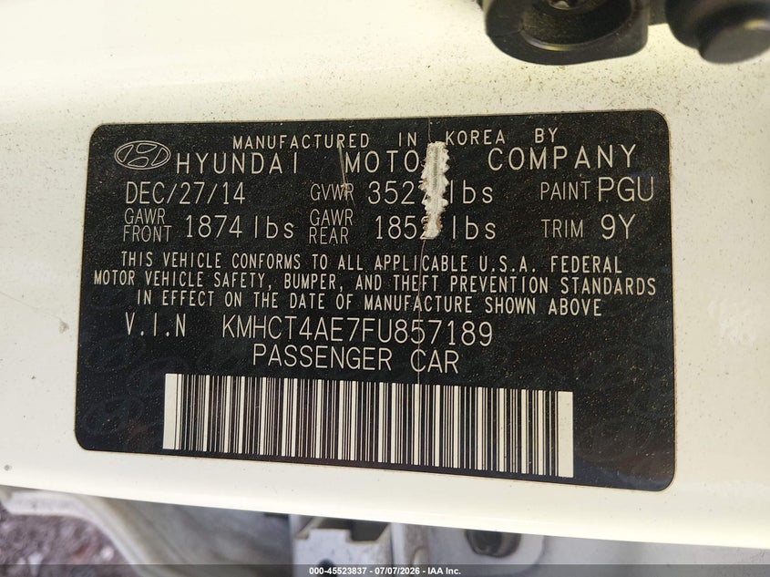 2015 Hyundai Accent VIN KMHCT4AE7FU857189 IAAI salvage auction — NORMAL WEAR, Clear (Virginia), sold $175 on 2026-07-28 (photo 9)