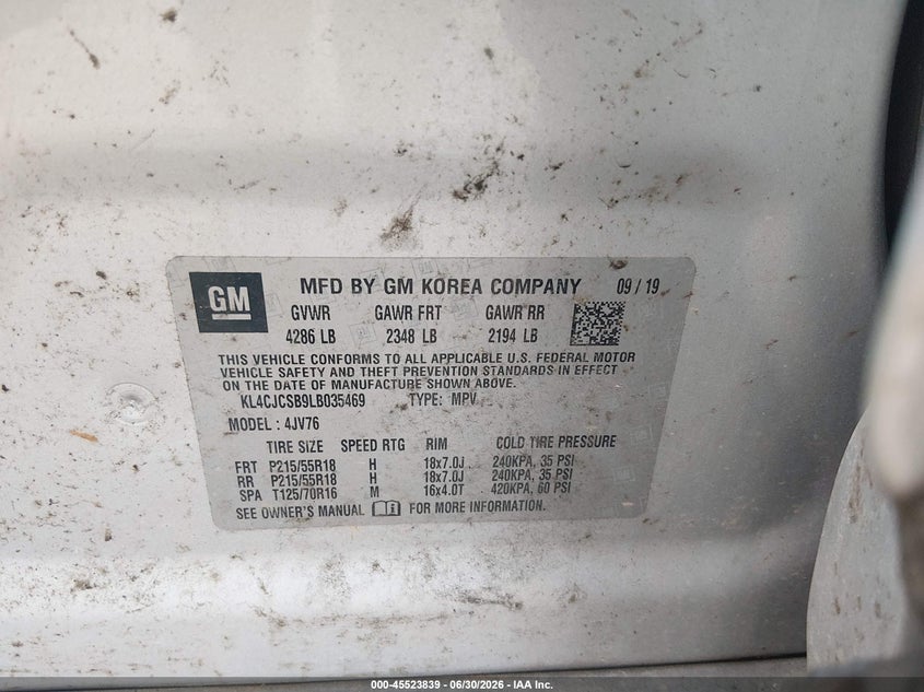 2020 Buick Encore VIN KL4CJCSB9LB035469 IAAI salvage auction — NORMAL WEAR, Clear (Tennessee), sold $675 on 2026-07-29 (photo 9)