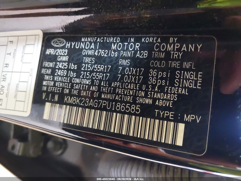2023 Hyundai Kona VIN KM8K23AG7PU186585 IAAI salvage auction — NORMAL WEAR, Clear (Illinois), sold $6,700 on 2026-07-06 (photo 9)