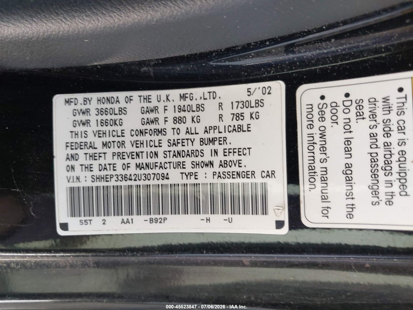 2002 Honda Civic VIN SHHEP33642U307094 IAAI salvage auction — FRONT END, Bill Of Sale (Washington), sold $325 on 2026-07-22 (photo 9)