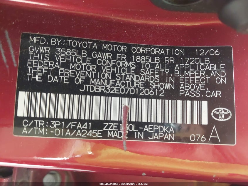2007 Toyota Corolla VIN JTDBR32E070120612 IAAI salvage auction — LEFT SIDE, Clear (Maryland), sold $1,400 on 2026-07-14 (photo 9)