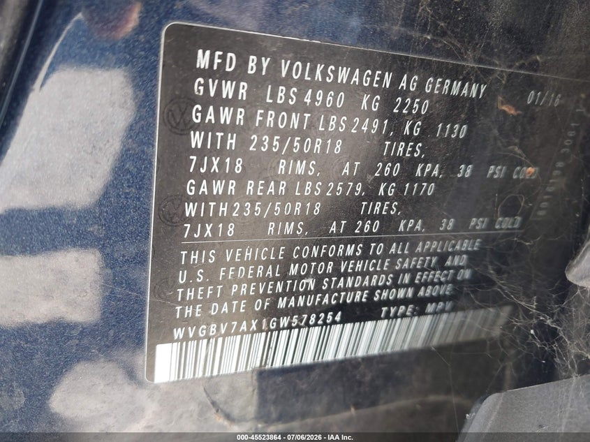 2016 Volkswagen Tiguan VIN WVGBV7AX1GW578254 IAAI salvage auction — NORMAL WEAR, Clear-Dealer Only (Oregon), sold $1,850 on 2026-07-16 (photo 9)