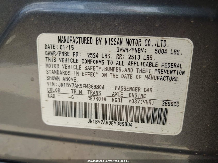 2015 Infiniti Q50 VIN JN1BV7AR9FM399804 IAAI salvage auction — NORMAL WEAR, Original (Texas), sold $25 on 2026-07-22 (photo 9)