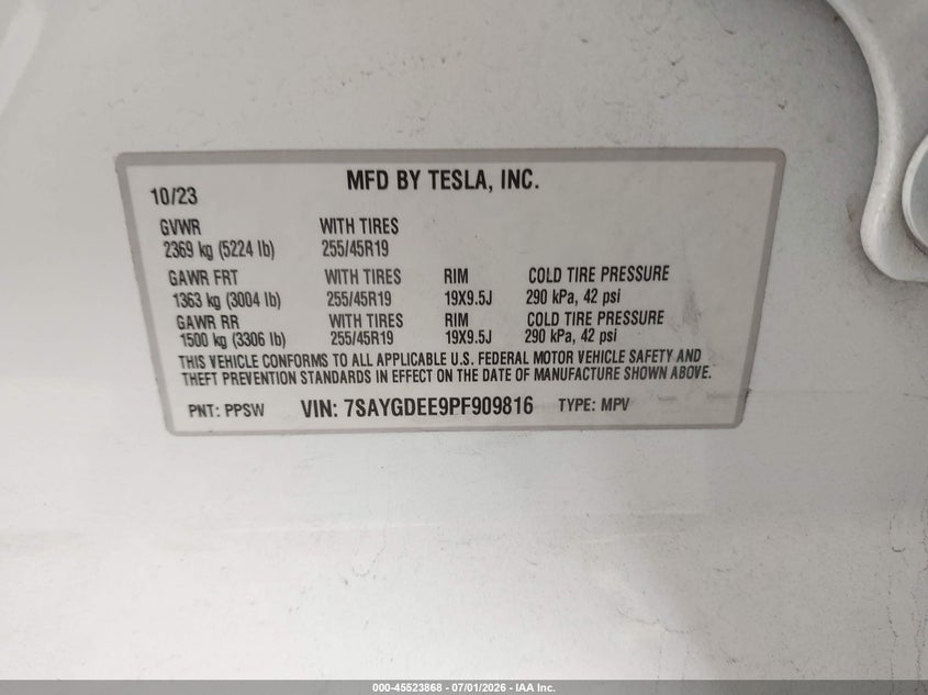 2023 Tesla Model y VIN 7SAYGDEE9PF909816 IAAI salvage auction — FRONT END, Bill Of Sale (Washington), sold $10,300 on 2026-07-23 (photo 9)