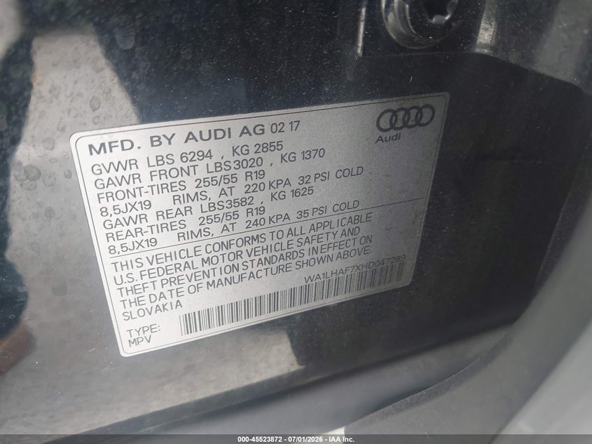 2017 Audi Q7 VIN WA1LHAF7XHD047289 IAAI salvage auction — REAR END, Salvage (California), sold $8,200 on 2026-07-16 (photo 9)