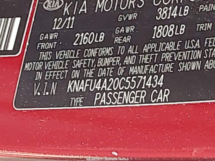 2012 Kia Forte VIN KNAFU4A20C5571434 IAAI salvage auction — FRONT & REAR, Salvage Title, sold $25 on 2026-07-28 (photo 9)