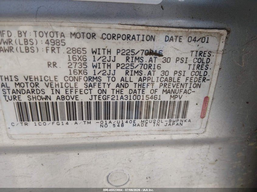 2001 Toyota Highlander VIN JTEGF21A310015461 IAAI salvage auction — NORMAL WEAR, Peddle Clear Public-Restricted (Oregon), sold $525 on 2026-07-29 (photo 9)