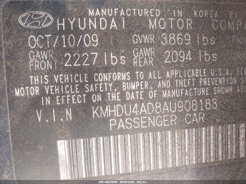 2010 Hyundai Elantra VIN KMHDU4AD8AU908183 IAAI salvage auction — NORMAL WEAR, Clear (Illinois), sold $750 on 2026-07-07 (photo 9)