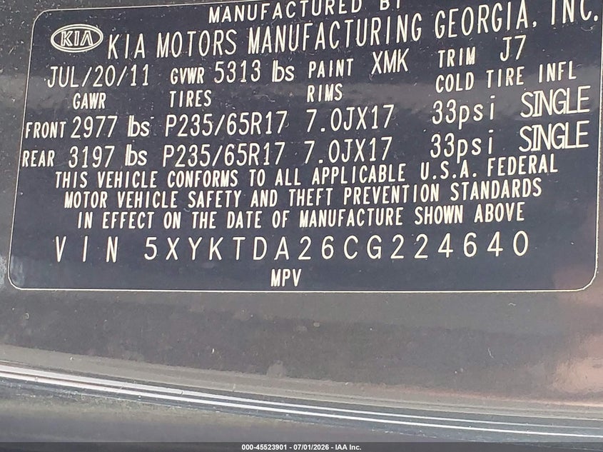 2012 Kia Sorento VIN 5XYKTDA26CG224640 IAAI salvage auction — NORMAL WEAR, Clear (Louisiana), sold $1,300 on 2026-07-14 (photo 9)