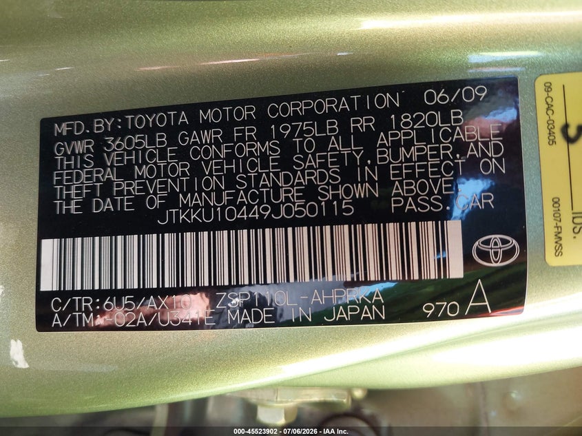 2009 Scion Xd VIN JTKKU10449J050115 IAAI salvage auction — LEFT SIDE, Salvage (California), sold $975 on 2026-07-28 (photo 9)