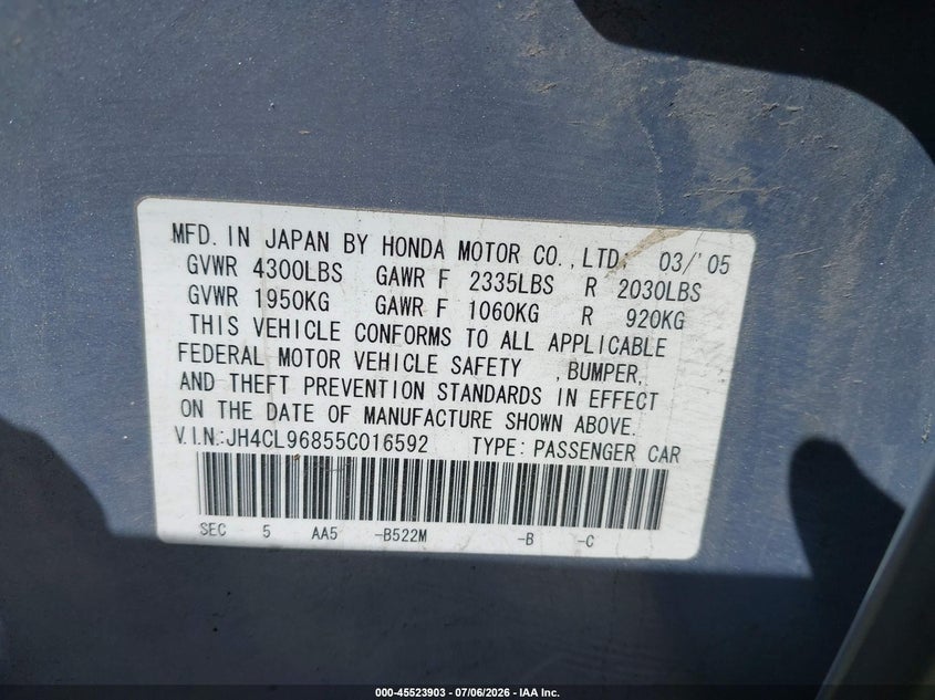 2005 Acura Tsx VIN JH4CL96855C016592 IAAI salvage auction — NORMAL WEAR, Original (Alaska), sold $725 on 2026-07-21 (photo 9)