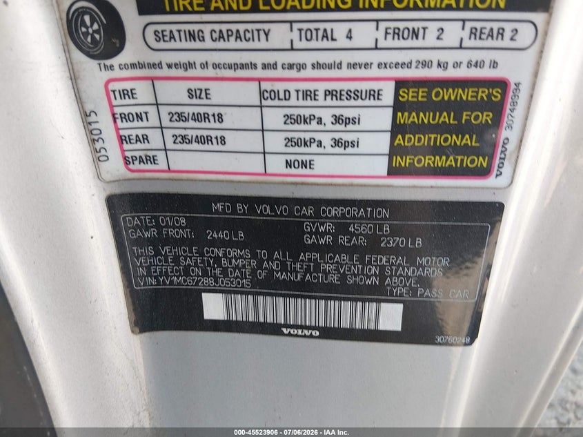 2008 Volvo C70 VIN YV1MC67288J053015 IAAI salvage auction — NORMAL WEAR, Clear (Mississippi), sold $500 on 2026-07-29 (photo 9)