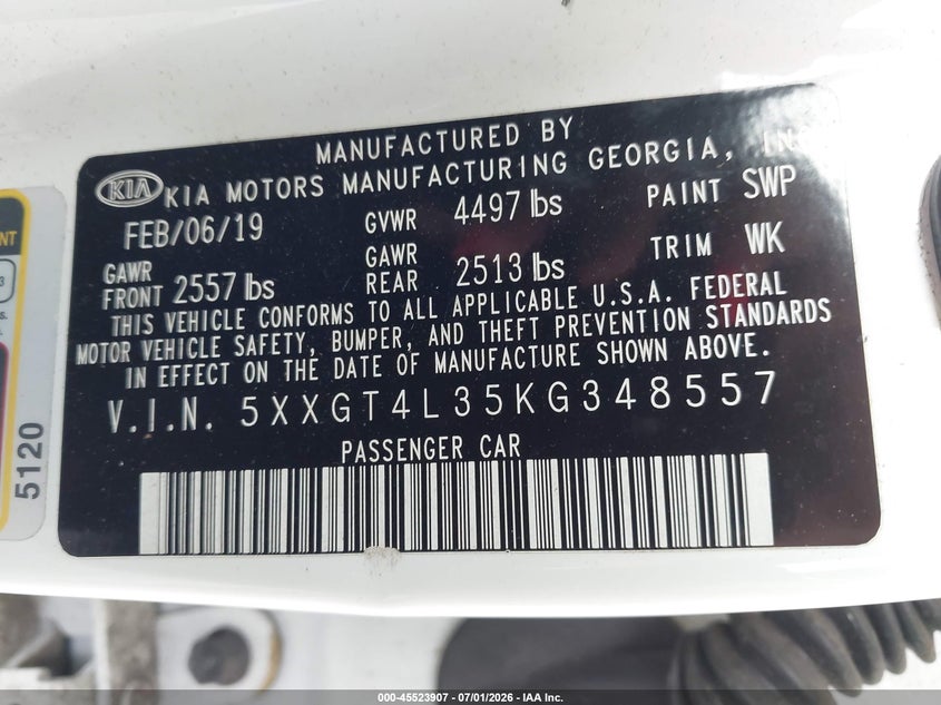 2019 Kia Optima VIN 5XXGT4L35KG348557 IAAI salvage auction — NORMAL WEAR, Clear (Florida), sold $850 on 2026-07-21 (photo 9)