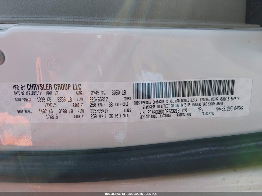 2013 Dodge Caravan VIN 2C4RDGBG1DR723219 IAAI salvage auction — NORMAL WEAR, Clear (Nevada), sold $325 on 2026-07-24 (photo 9)