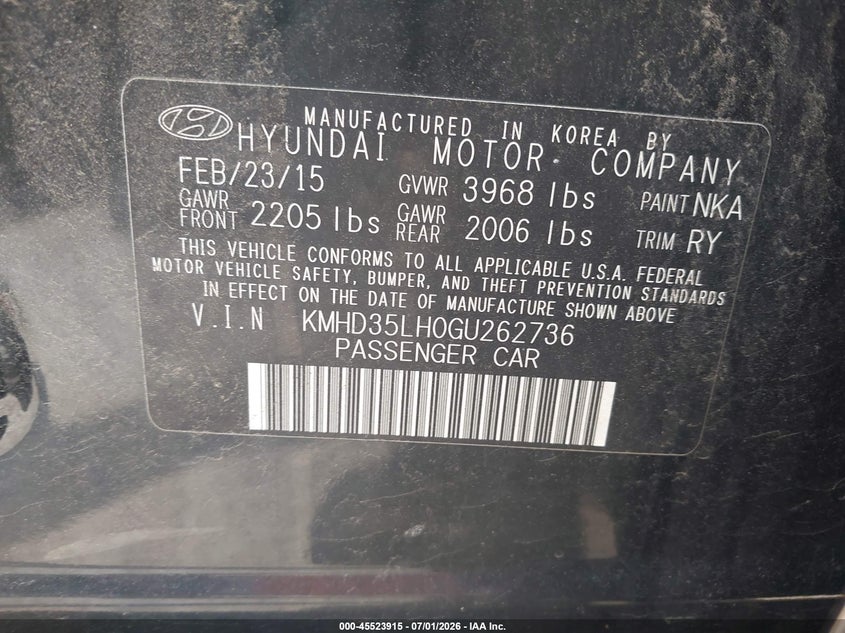 2016 Hyundai Elantra VIN KMHD35LH0GU262736 IAAI salvage auction — NORMAL WEAR, Clear (Maryland), sold $700 on 2026-07-23 (photo 9)