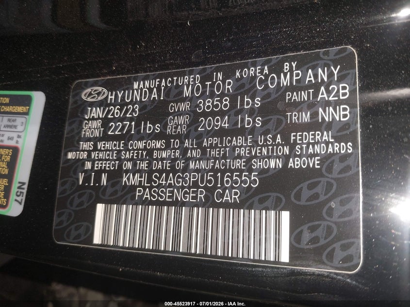 2023 Hyundai Elantra VIN KMHLS4AG3PU516555 IAAI salvage auction — LEFT SIDE, Salvage Title, sold $3,450 on 2026-08-03 (photo 9)