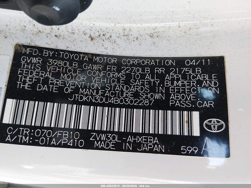 2011 Toyota Prius VIN JTDKN3DU4B0302287 IAAI salvage auction — NORMAL WEAR, Clear (Nevada), sold $2,050 on 2026-07-10 (photo 9)