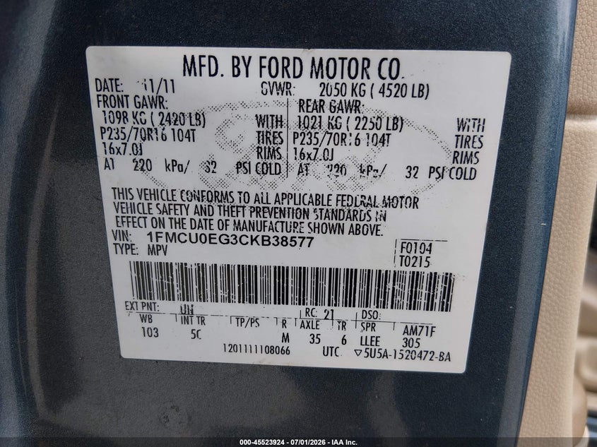 2012 Ford Escape VIN 1FMCU0EG3CKB38577 IAAI salvage auction — NORMAL WEAR, Original (Texas), sold $1,000 on 2026-08-02 (photo 9)