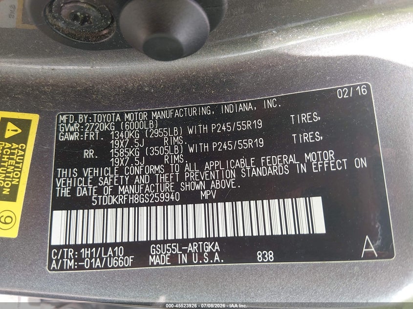 2016 Toyota Highlander VIN 5TDDKRFH8GS259940 IAAI salvage auction — NORMAL WEAR, Clear (Tennessee), sold $4,050 on 2026-07-23 (photo 9)