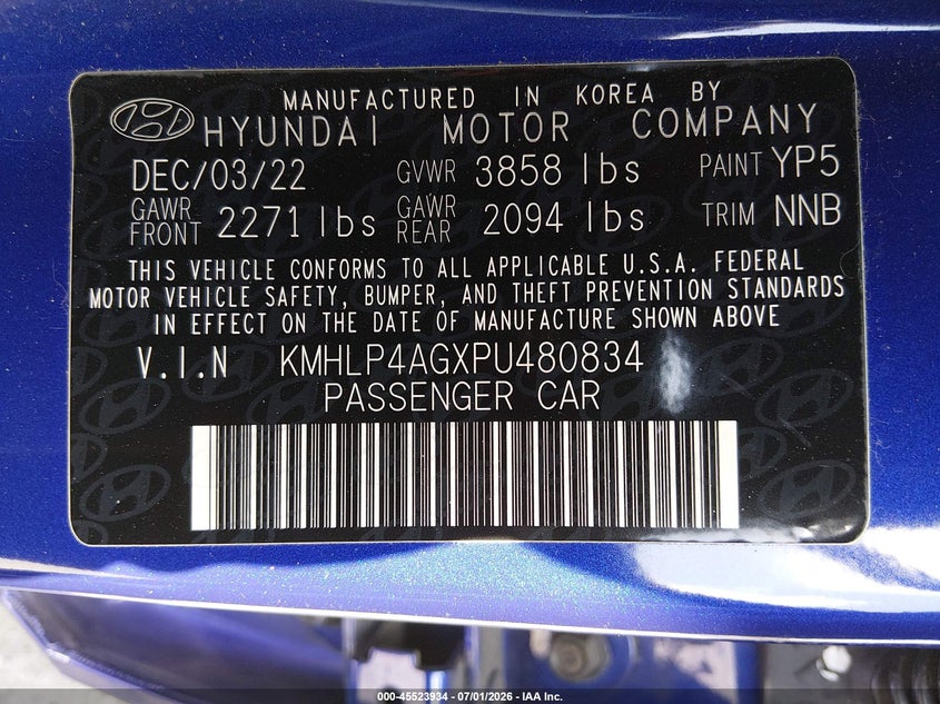 2023 Hyundai Elantra VIN KMHLP4AGXPU480834 IAAI salvage auction — LEFT SIDE, Salvage Title, sold $1,750 on 2026-07-29 (photo 9)