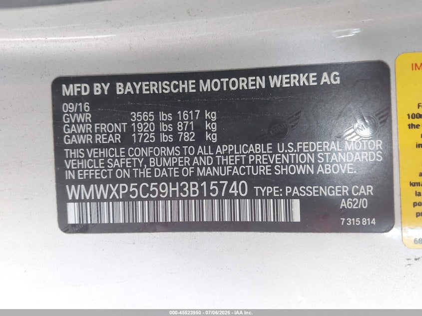 2017 Mini Hard top VIN WMWXP5C59H3B15740 IAAI salvage auction — NORMAL WEAR, Salvage Title, sold $2,350 on 2026-07-21 (photo 9)