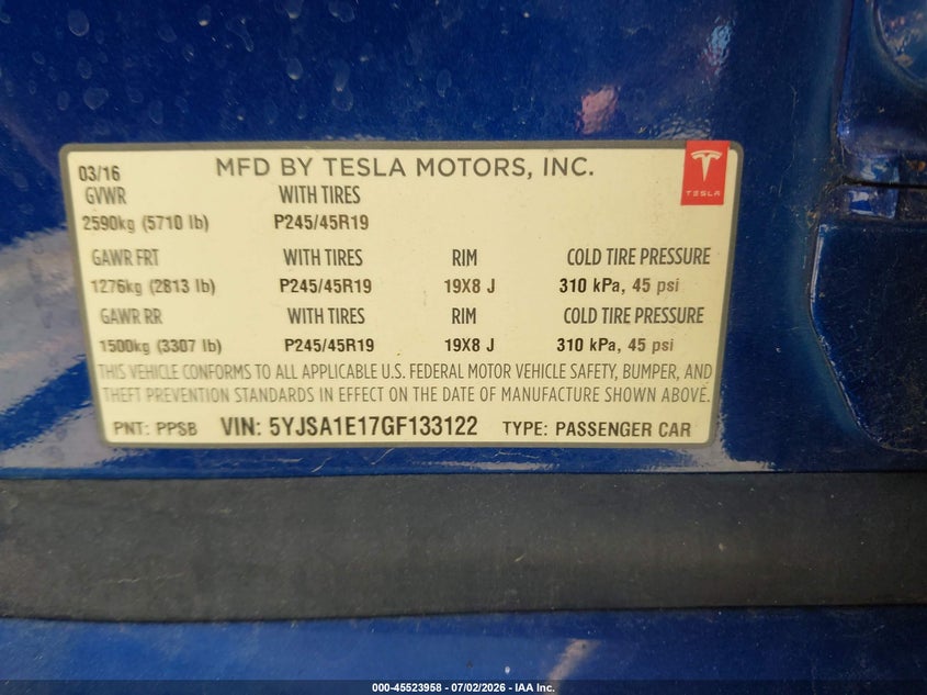 2016 Tesla Model s VIN 5YJSA1E17GF133122 IAAI salvage auction — RIGHT FRONT, Salvage (California), sold $2,825 on 2026-07-23 (photo 9)