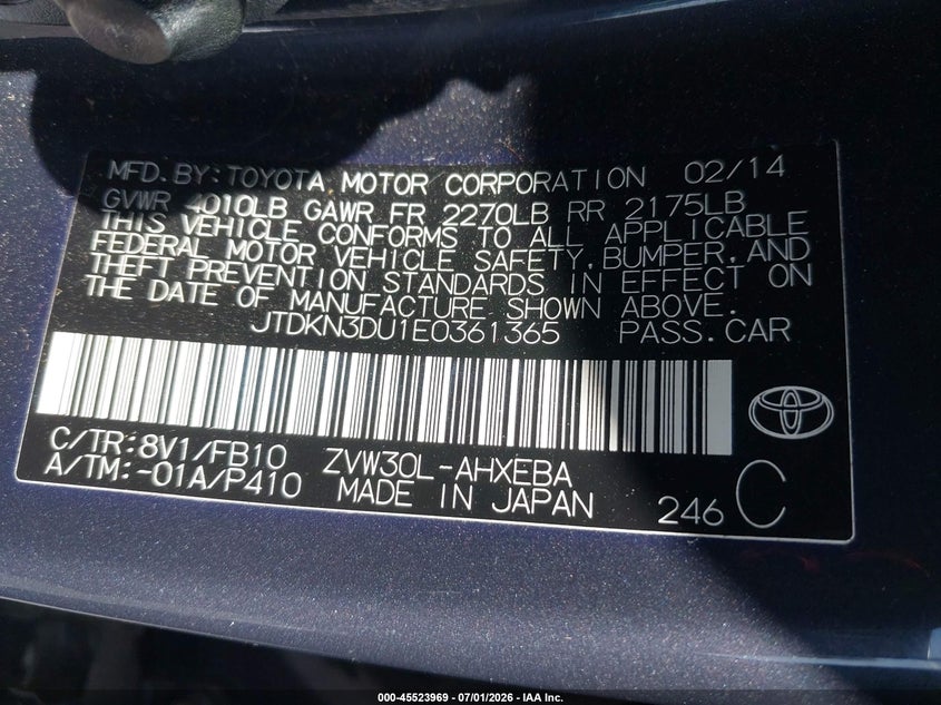 2014 Toyota Prius VIN JTDKN3DU1E0361365 IAAI salvage auction — FRONT END, Salvage (California), sold $1,800 on 2026-07-14 (photo 9)