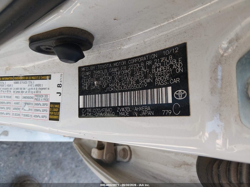 2013 Toyota Prius VIN JTDKN3DU5D5550019 IAAI salvage auction — NORMAL WEAR, Clear (Colorado), sold $3,050 on 2026-07-07 (photo 9)