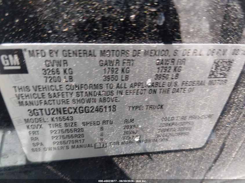 2016 Gmc Sierra 1500 VIN 3GTU2NECXGG246118 IAAI salvage auction — NORMAL WEAR, Repossession Paperwork (South Carolina), sold $13,300 on 2026-07-28 (photo 9)