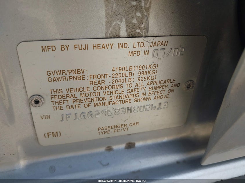 2003 Subaru Impreza VIN JF1GG29683H802613 IAAI salvage auction — NORMAL WEAR, Clear - Dealer Only (California), sold $1,325 on 2026-07-07 (photo 9)
