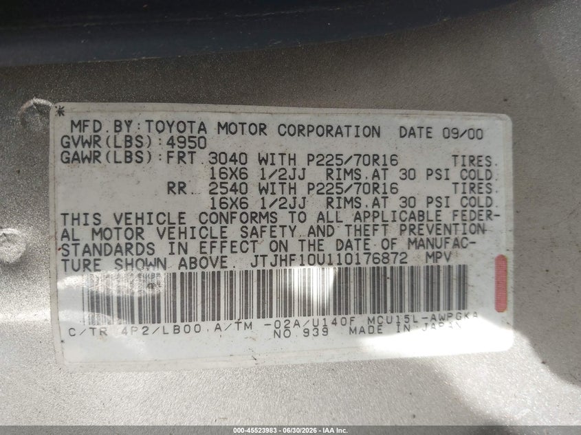 2001 Lexus Rx 300 VIN JTJHF10U110176872 IAAI salvage auction — NORMAL WEAR, Clear (Hawaii), sold $150 on 2026-07-28 (photo 9)