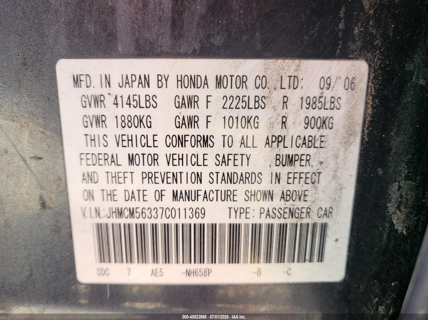 2007 Honda Accord VIN JHMCM56337C011369 IAAI salvage auction — NORMAL WEAR, Clear (Arizona), sold $325 on 2026-07-21 (photo 9)