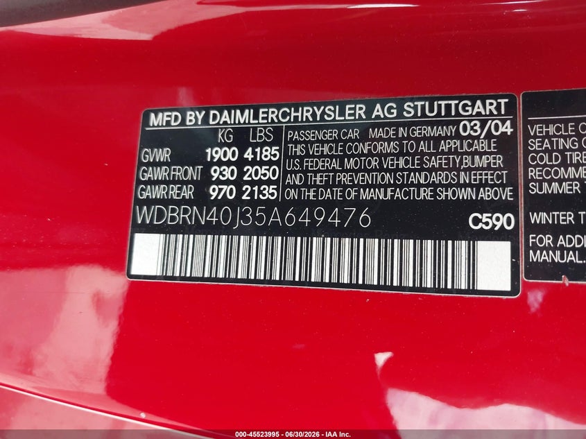 2005 Mercedes-benz C class VIN WDBRN40J35A649476 IAAI salvage auction — NORMAL WEAR, Original (Texas), sold $500 on 2026-08-04 (photo 9)